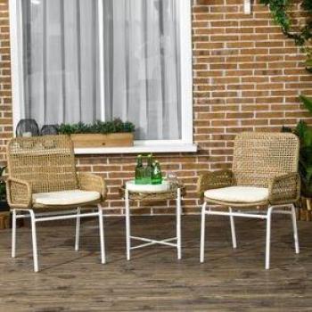 Conjunto de Mesa y Sillas de Jardín Milán Outsunny con 2 Sillas, 1 Mesa de Centro y Cojines para Terraza Patio en Color Natural