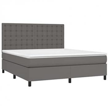 Cama box spring colchón y LED cuero sintético gris 160x200 cm