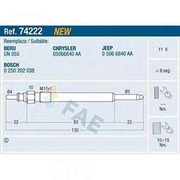 Bujía de precalentamiento FAE 74222 11V M10x1 para JEEP Cherokee III y CHRYSLER Voyager 4