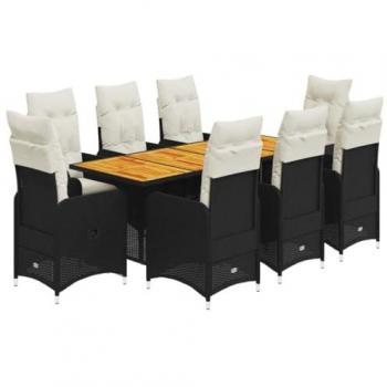9-Piece Black Poly Rattan Garden Bistro Set with Cushions