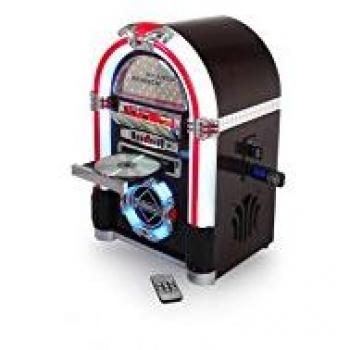 Ricatech RR792, Reproductor de CD Retro tocadiscos, Radio AM / FM, Soportes de mini estantes para vellonera, SD y USB, Entrada de línea AUX, 5 luces LED que cambian de color, Color cereza