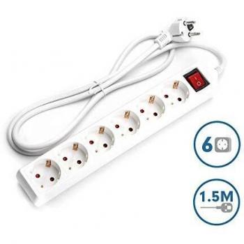 Regleta alargador de 6 enchufes con cable de 1,5 metros e interruptor. Color Blanco
