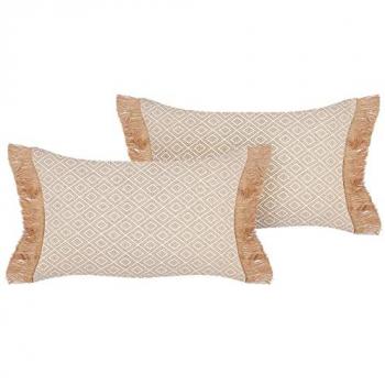 Conjunto de 2 Cojines Decorativos Beige 30 x 50 cm Poliester con Borlas y Patrón Geométrico Moderno Tradicional
