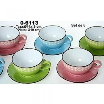 Supernova Decoracion_Set 6 tazas Jumbo de consomé con plato de porcelana decorada con flores.Surtida de 3 colores rosa,verde,celeste.Medidas Taza: 14X8CM Plato: 19CM