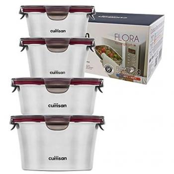 Juego de 4 Recipientes Redondos de Acero Inoxidable Apto para Microondas - Capacidades de 0.3L, 0.4L, 0.6L y 0.9L