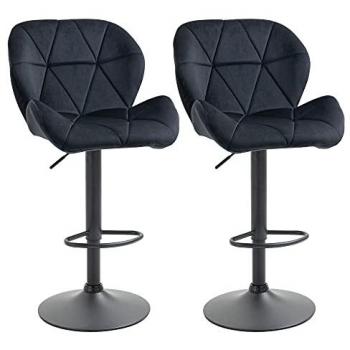 Juego de 2 Taburetes de Bar Giratorios con Respaldo y Altura Regulable, Tacto Terciopelo, Negro, 51,5 x 57,5 x 93-114,5 cm