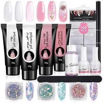 Kit de Uñas de Gel Completo, 4 * 30ml de Uñas Gel, Kit Gel de Extensión de Uñas, gel Constructor Uñas Kit Con Polvo de Purpurina de 3 Colores, Cerca Del Color de Las Uñas, Regalo de Novia & Mamá
