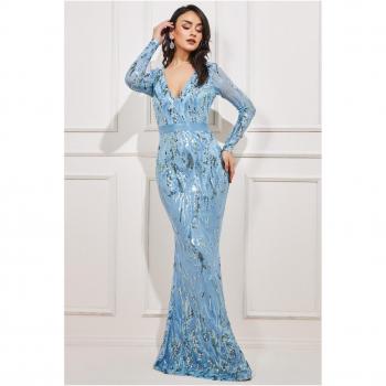Goddiva Long Sleeve V-neck Sequin Maxi Dress - Powder Blue, Features: Long sleeves, V-neckline, Sequin embellishments, Maxi length