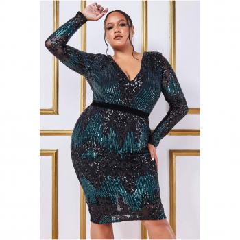 Goddiva Plus Long Sleeve Sequin Party Midi - Emerald