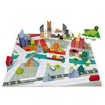 Janod - Kubix, 60 bloques + rompecabezas de la ciudad de 20 piezas - Juego de construcción de bloques de madera maciza + rompecabezas como alfombra de juego - A partir de 3 años, J08304