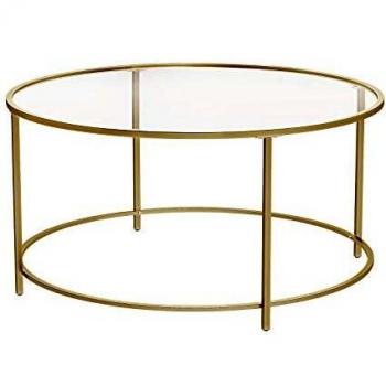VASAGLE Mesa de Centro Redonda, Mesa de Cristal con Marco de Acero, Mesa de Salón, Mesa de Café, Dorado LGT21G