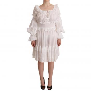 White Frilled Off Shoulder Dress by Dolce & Gabbana, Midi Dress, Elegant Design, Ruffled Details, Color: White, Size: L