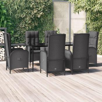 7-Piece Black Poly Rattan Garden Dining Set with Cushions