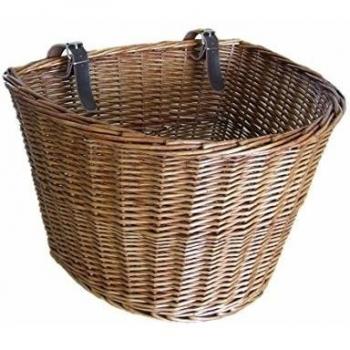 Cesta de mimbre tradicional mediana para bicicleta con tiras de cuero - Estilo 2, L: 34cm; Ancho 28cm; Alto: 28cm, Madera