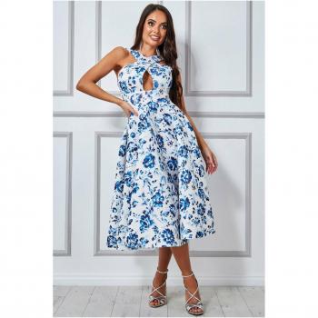 Goddiva Crossover Keyhole Midi Dress - Blue Print, Size 16 UK