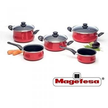 Magefesa Praga - Batería de Cocina 8 piezas. Material acero vitrificado exterior rojo. Antiadherente bicapa Reforzado. Apta para todo tipo de cocinas, especial inducción. 50% de ahorro energético.