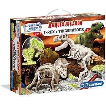 Clementoni - Arqueojugando T-Rex y Triceratops fosforescente - juego científico para excavar y montar dinosaurios apartir de 7 años, juguete en español