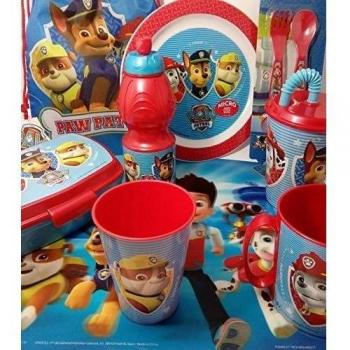 + set/pack vajilla PAW PATROL: salvamantel, vaso, taza, vaso con caña, botellín, plato, sandwichera y cubiertos y 6x lápices COLORES
