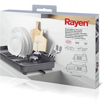 Escurridor de Platos Extensible con Contenedor para Cubiertos y Salida de Agua Regulable, Color Gris