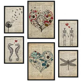 Set de 6 Pósters Vintage con Estética Collage para Decoración de Interiores - Tamaños A3 y A4 con Marco Negro