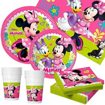Set de Vajilla y Decoración de Fiesta Minnie Mouse Happy Deluxe 89 Piezas para 16 Comensales (incluye vasos, servilletas, platos y mantel desechables)