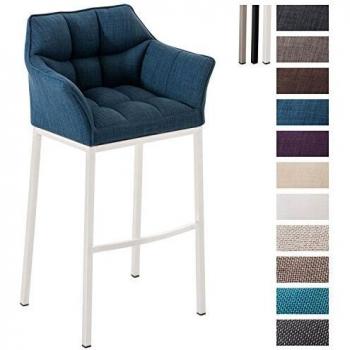 Taburete de Bar Damaso en Tela Azul con Base de 4 Patas Blancas, Respaldo y Reposabrazos