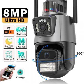 Cámara IP WiFi 8MP 4K Exterior PTZ Doble Lente Doble Pantalla Seguimiento Automático Impermeable Seguridad Videovigilancia Alarma Luz Policial CCTV