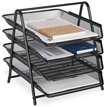 Organizador de Documentos con 4 Compartimentos, Portaletters A4, Dimensiones: 32,5 x 30 x 35,5 cm, Rejilla de Acero, Color Negro - Relaxdays
