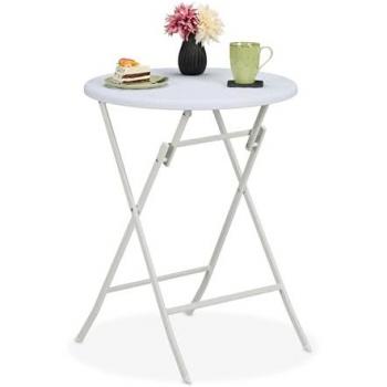Mesa de Jardín Plegable Redonda 75 x 60 cm Efecto Ratán Plástico y Metal Blanca para Exterior y Balcón
