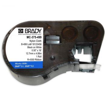 Cinta para impresora de etiquetas Brady, color Negro sobre fondo Blanco, compatible con BMP41, BMP51 y BMP53; Etiquetas de nylon Brady MC-375-499, dimensiones 9,53 mm x 4,88 m