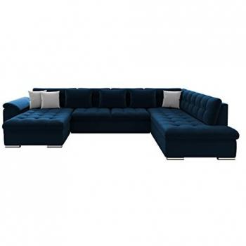 Sofá rinconero Comfivo 114, azul, con función de descanso y caja de ropa de cama, dimensiones 348x205x76cm