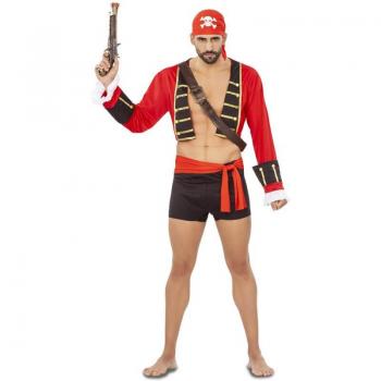 Disfraz de Bucanero Sexy para Hombre - Incluye chaqueta con detalles dorados, pantalones ajustados, cinturón, pañuelo para la cabeza y accesorios de pirata