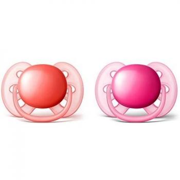 Philips Avent SCF213/22 - Pack de dos chupetes ultra suaves y flexibles, lisos niña, 6-18 meses, color rosa durazno/rosa claro