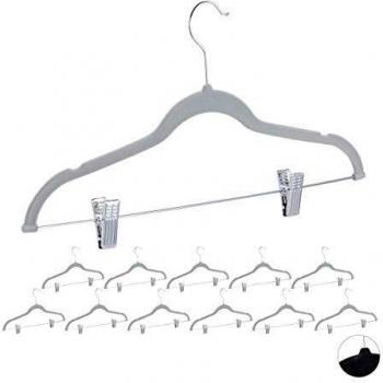 Set de 12 perchas de terciopelo con pinzas y gancho giratorio 360°, antideslizantes, para pantalones y camisas, gris, 43 cm