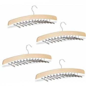Perchas para Corbatas Relaxdays - Set de 4, Soporta hasta 24 Corbatas, Gancho Giratorio 360°, Madera de Loto Natural y Plateada