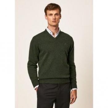 Jersey de cuello en V de lana merino en color caqui de Hackett London