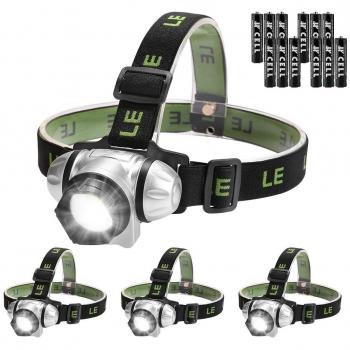 LE COB LED Headlamp, 4 Brightness Modes, Battery Powered Head Torch for Camping Running Hiking Reading, AAA Batteries Included, Pack of 4