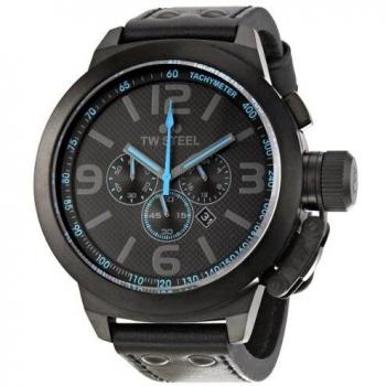 TW Steel Unisex Quartz Watch with Black Dial Chronograph Display and Black Leather Strap TW905