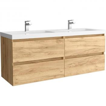 Mueble de baño Bequia 140 cm con 4 cajones, 2 lavabos de carga mineral y acabado en roble