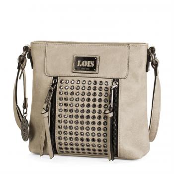 LOIS - 93144 Bolso de mujer bandolera ajustable. Dos bolsillos delante, uno detrás y uno interior con cremallera. Llavero y remaches. Piel sintética polipiel, Color Beige