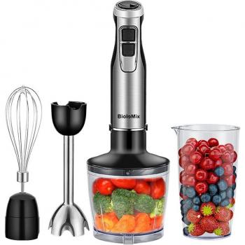 BioloMix BHB1200 Batidora de Mano 4 en 1 1200W, Control de 6 Velocidades, Cuchilla de Acero Inoxidable, Tazón para Picar de 500ml Negra
