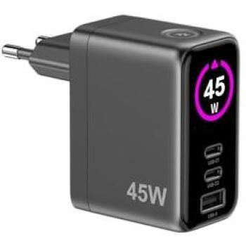 Cargador Celly 45W Gan con Pantalla LED Táctil, 2 Puertos USB-C y USB-A, Compacto de Viaje