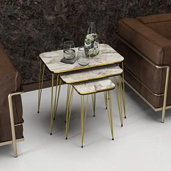 Set de 3 mesas nido Rudkøbing - Aglomerado y metal con acabado en mármol blanco y dorado