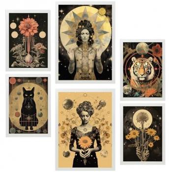 Set de 6 Pósters Collage Surrealista Esotérico Místico Femenino para Decorar Paredes - A3 y A4 Sin Marco