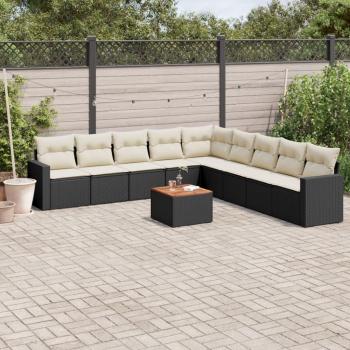 10-Piece Black Poly Rattan Garden Sofa Set with Cushions