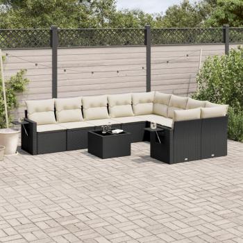 10-Piece Black Poly Rattan Garden Sofa Set with Cushions