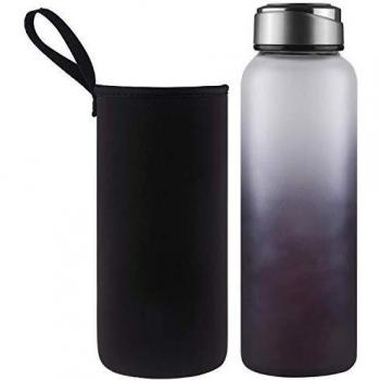 DEARRAY Botella de Agua de Cristal de Borosilicato Deportivo1000ml / 1 Litro, Botella de Agua de Vidrio con Funda de Neopreno y Elegante Tapa de Acero Inoxidable