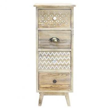 Cajonera Estrecha Boho Shabby de Madera con 4 Cajones en Blanco y Marrón