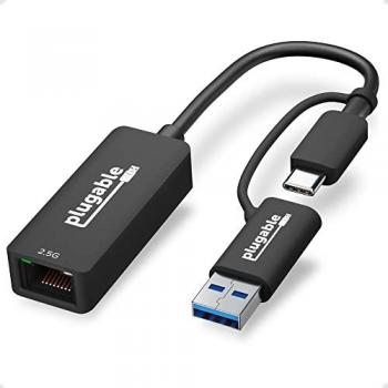 Plugable Technologies 2.5G USB C and USB to Ethernet Adapter, 2-in-1 Adapter Compatible with USB-C Thunderbolt 3 or USB 3.0, USB-C to RJ45 2.5 Gigabit LAN Ethernet