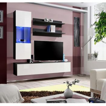 Mueble TV Mural Fly II - 160 cm x 170 cm x 40 cm - Diseño Moderno en Negro y Blanco con Iluminación LED